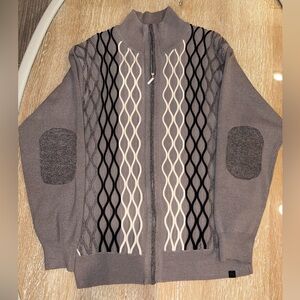Men's Gray Zip-Up Sweater with Black & Cream Accents